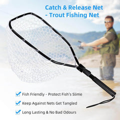 Ussuris Foldable Fishing Net for Trout, Soft Rubber Fishing Net with Handle, Fly Fishing Landing Net for Easy Catch & Release